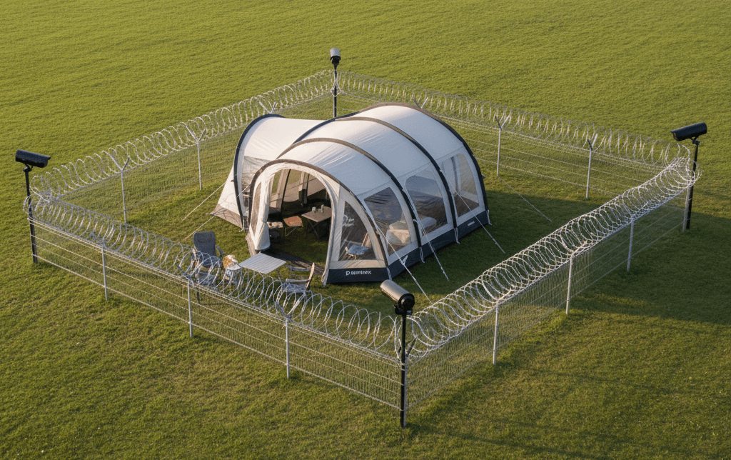 A zipped up tent door, representing campsite security.